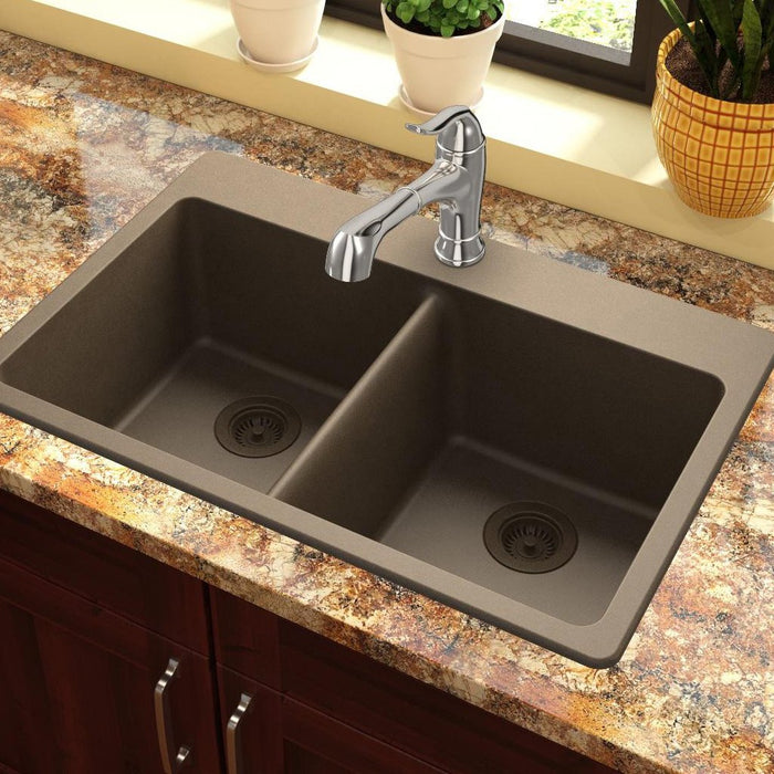 Elkay ELG3322MC0 Quartz Classic 33" x 22" x 9-1/2", Equal Double Bowl Top Mount Kitchen Sink, Mocha