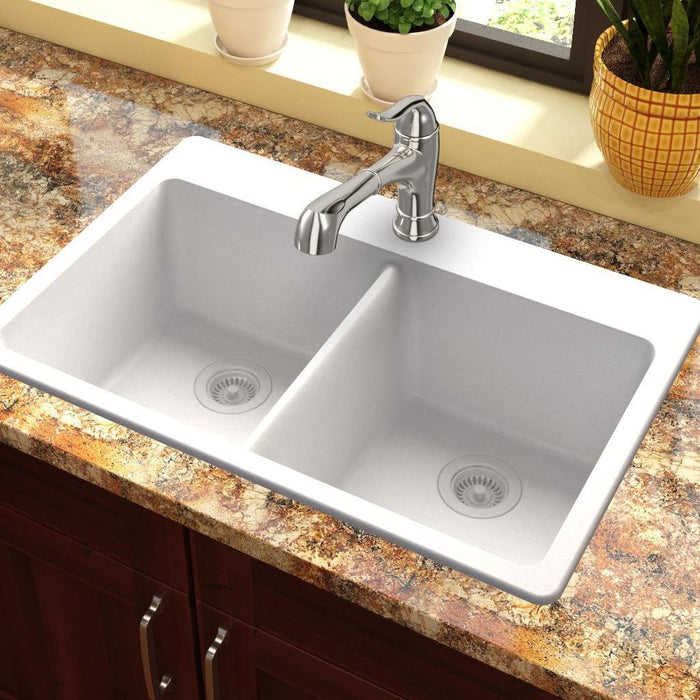 Elkay ELG3322WH0 Quartz Classic 33" x 22" x 9-1/2", Equal Double Bowl Top Mount Kitchen Sink, White