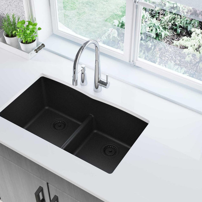 Elkay ELGDULB3322BK0 Quartz Classic 33 x 19 x 10" 2-Bowl Undermount Kitchen Sink, Aqua Divide, Black