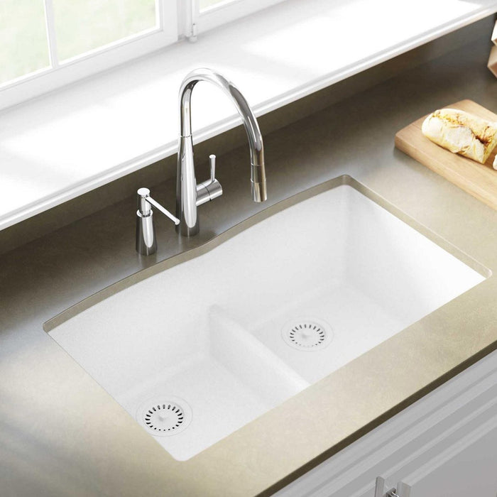 Elkay ELGDULB3322WH0 Quartz Classic 33 x 19 x 10" 2-Bowl Undermount Kitchen Sink, Aqua Divide, White