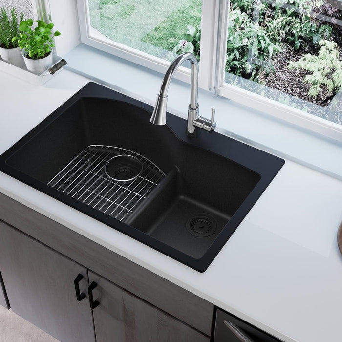 Elkay ELGH3322RBK0 Quartz Classic 33 x 22 x 10" 2-Bowl Top Mount Kitchen Sink, Aqua Divide, Black