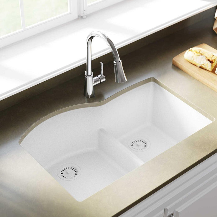 Elkay ELGHU3322RWH0 Quartz Classic 33 x 22 x 10" 2-Bowl Undermount Kitchen Sink, Aqua Divide, White