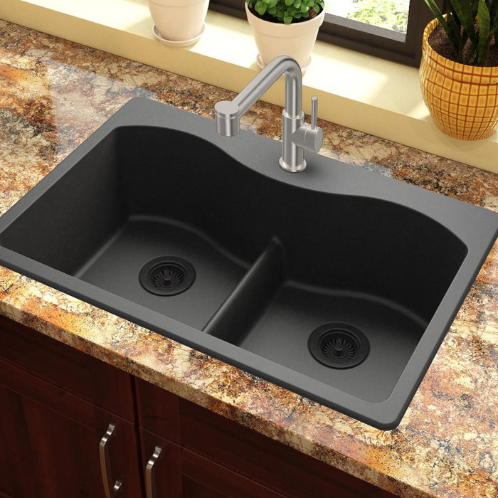 Elkay ELGLB3322BK0 Quartz Classic 33 x 22 x 9-1/2" 2-Bowl Top Mount Kitchen Sink, Aqua Divide, Black