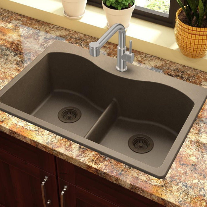 Elkay ELGLB3322MC0 Quartz Classic 33 x 22 x 9-1/2" 2-Bowl Top Mount Kitchen Sink, Aqua Divide, Mocha