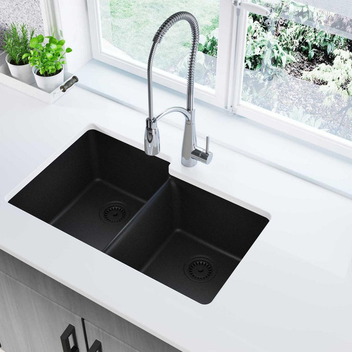 Elkay ELGU250RBK0 Quartz Classic 33" x 20-1/2" x 9-1/2" Offset 2-Bowl Undermount Kitchen Sink, Black