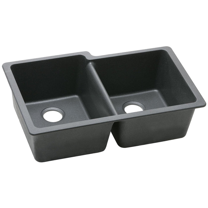 Elkay ELGU250RBK0 Quartz Classic 33" x 20-1/2" x 9-1/2" Offset 2-Bowl Undermount Kitchen Sink, Black