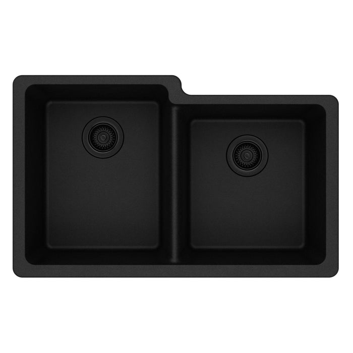 Elkay ELGU250RBK0 Quartz Classic 33" x 20-1/2" x 9-1/2" Offset 2-Bowl Undermount Kitchen Sink, Black