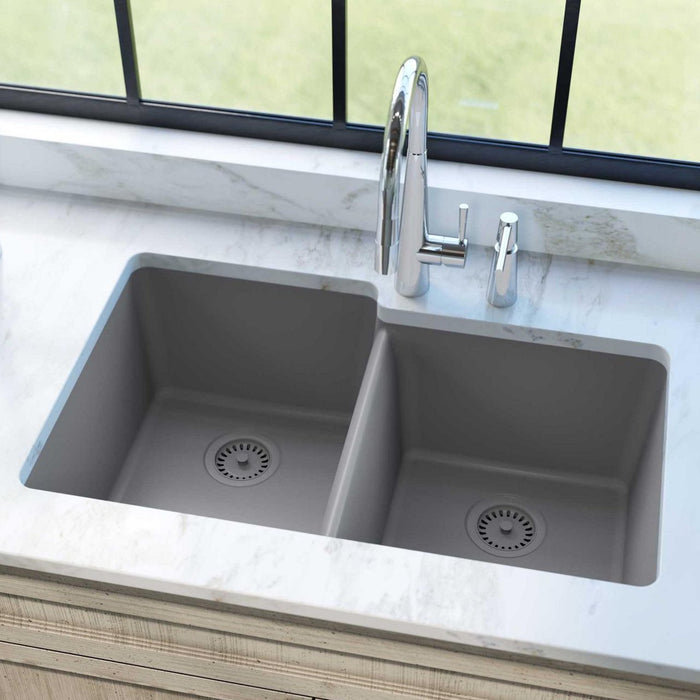 Elkay ELGU250RGS0 Quartz Classic 33" x 20-1/2" x 9-1/2" 2-Bowl Undermount Kitchen Sink, Greystone