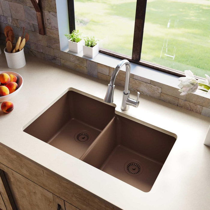 Elkay ELGU250RMC0 Quartz Classic 33" x 20-1/2" x 9-1/2" Offset 2-Bowl Undermount Kitchen Sink, Mocha
