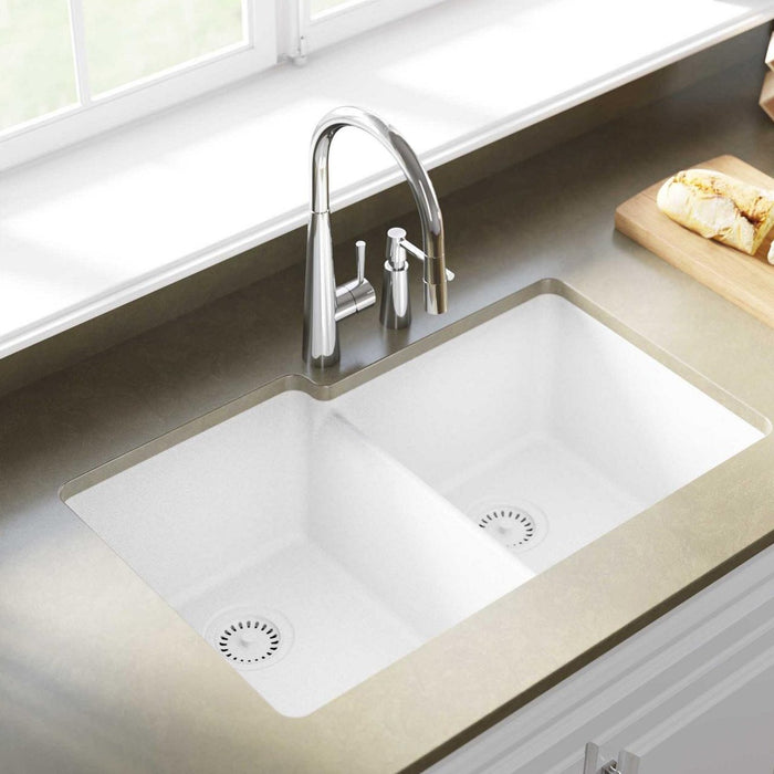 Elkay ELGU250RWH0 Quartz Classic 33" x 20-1/2" x 9-1/2" Offset 2-Bowl Undermount Kitchen Sink, White