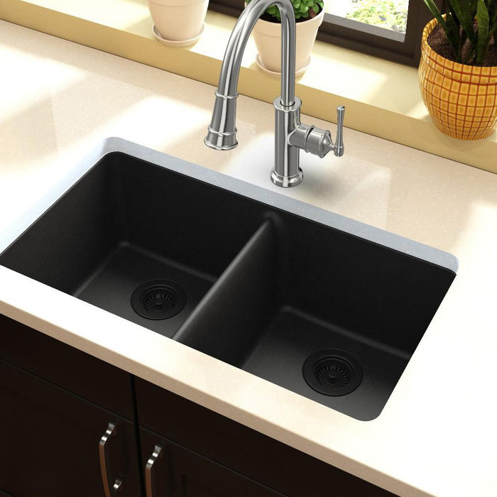 Elkay ELGU3322BK0 Quartz Classic 33" x 18-1/2" x 9-1/2", Double Bowl Undermount Kitchen Sink, Black