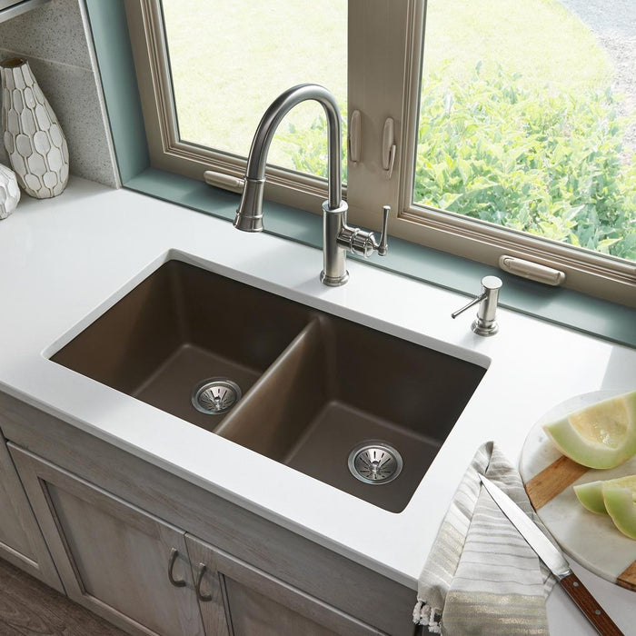 Elkay ELGU3322MC0 Quartz Classic 33" x 18-1/2" x 9-1/2", Double Bowl Undermount Kitchen Sink, Mocha