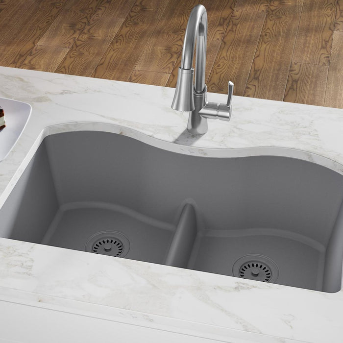Elkay ELGULB3322GS0 Quartz Classic 33 x 20 x 9-1/2" 2-Bowl Undermount Kitchen Sink, Greystone