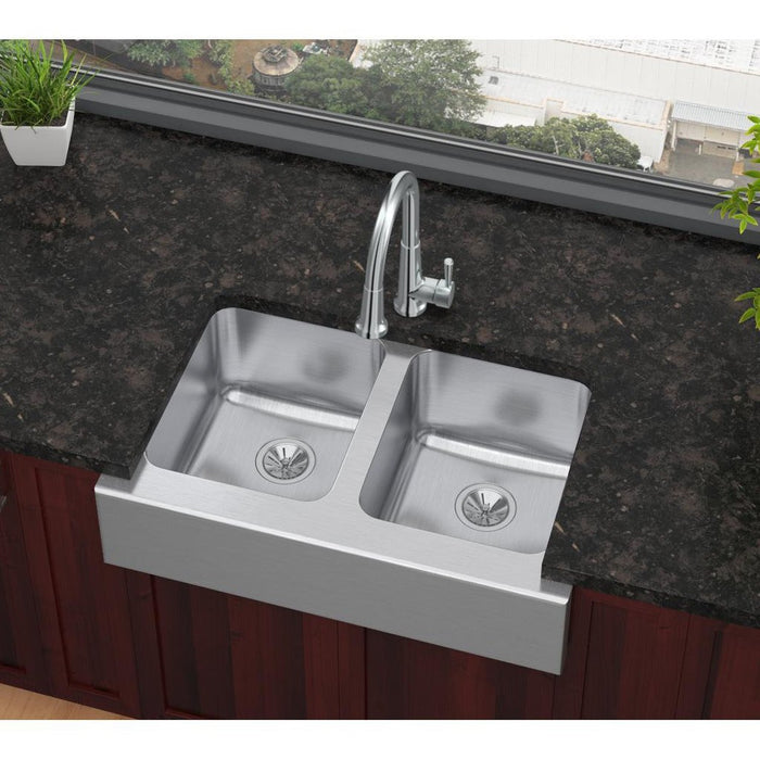 Elkay ELUHF3320 Lustertone Stainless Steel 33" x 20-1/2" x 7-7/8", 2-Bowl Farmhouse Kitchen Sink