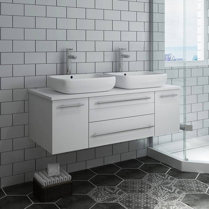 Fresca FCB6148WH-VSL-D-CWH-V Lucera 48" White Wall Hung Modern Bathroom Cabinet with Top & Double Vessel Sinks