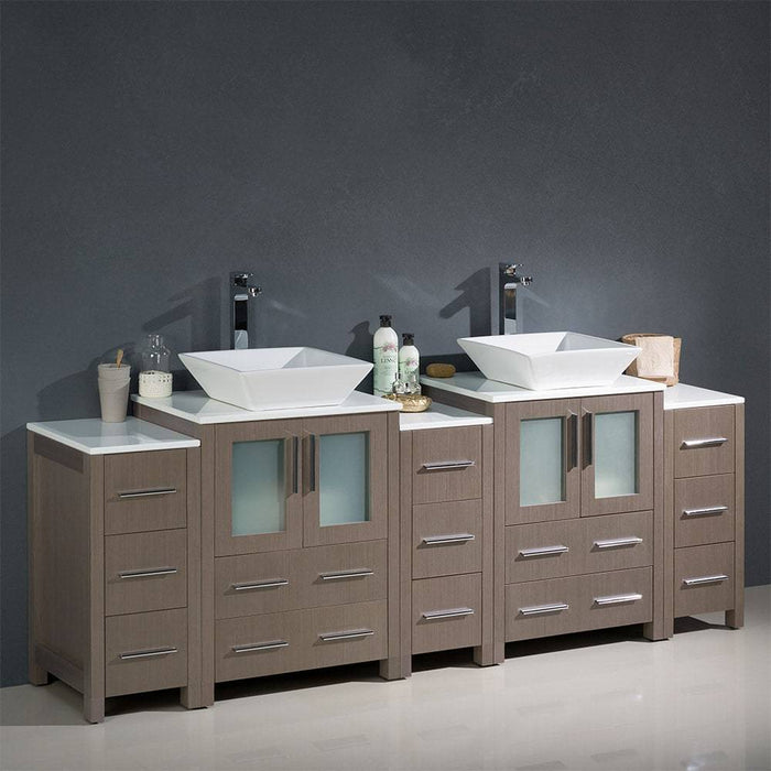 Fresca FCB62-72GO-CWH-V Torino 84" Gray Oak Modern Double Sink Bathroom Cabinets with Tops & Vessel Sinks