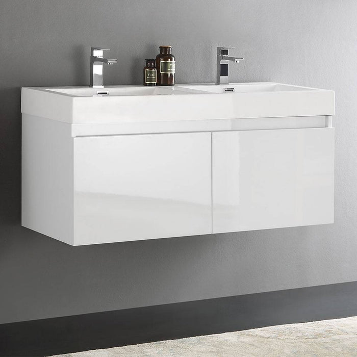 Fresca FCB8012WH-I Mezzo 48" White Wall Hung Double Sink Modern Bathroom Cabinet with Integrated Sink