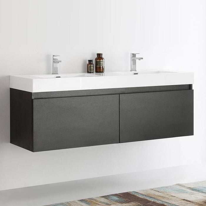 Fresca FCB8042BW-I Mezzo 60" Black Wall Hung Double Sink Modern Bathroom Cabinet with Integrated Sink
