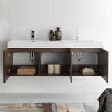 Fresca FCB8093GW-D-I Vista 60" Walnut Wall Hung Double Sink Modern Bathroom Cabinet with Integrated Sink