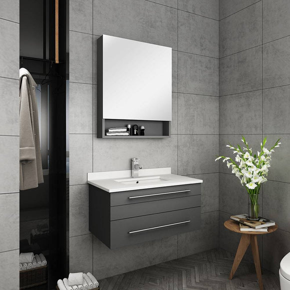 Fresca FVN6130GR-UNS Lucera 30" Gray Wall Hung Undermount Sink Modern Bathroom Vanity with Medicine Cabinet