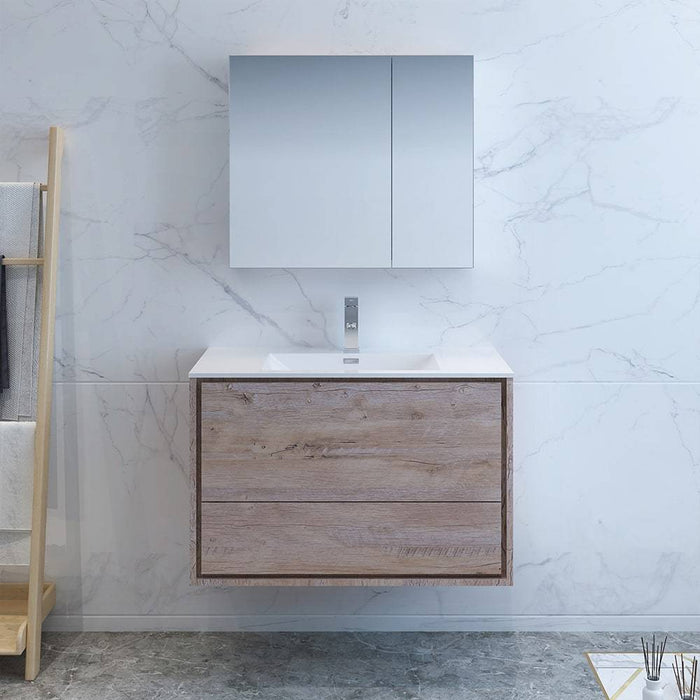 Fresca FVN9236RNW Catania 36" Rustic Natural Wood Wall Hung Modern Bathroom Vanity with Medicine Cabinet