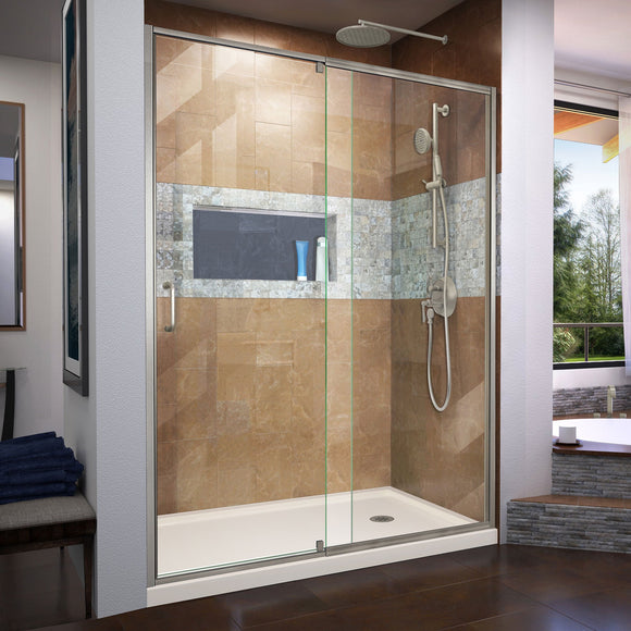 DreamLine DL-6222R-22-04 Flex 30"D x 60"W x 74 3/4"H Semi-Frameless Shower Door in Brushed Nickel with Right Drain Biscuit Base Kit