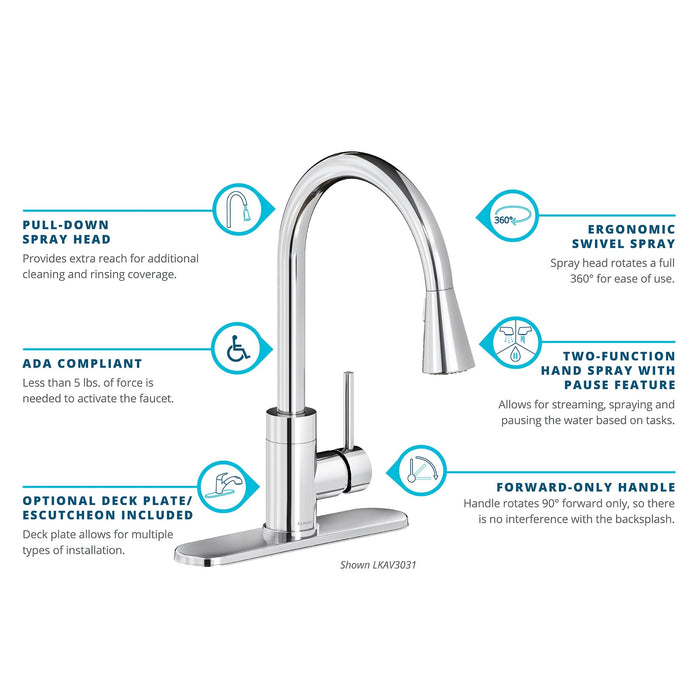 Elkay LKAV3031CR Avado Single Hole Kitchen Faucet with Pull-down Spray and Forward Lever Handle in Chrome