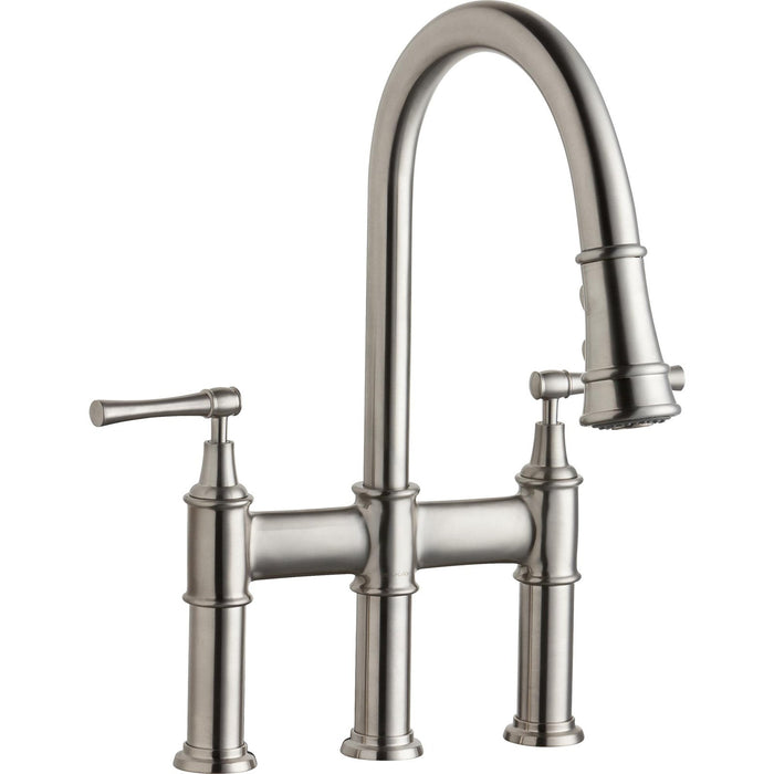 Elkay LKEC2037LS Explore Three Hole Bridge Faucet, Pull-Down Spray and Levers Lustrous Steel
