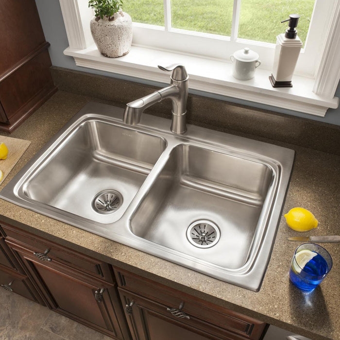 Elkay LR33221 Lustertone Stainless Steel 33" x 22" x 8-1/8", Double Bowl Top Mount Kitchen Sink
