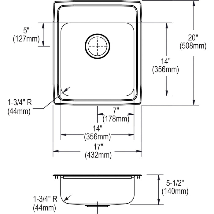 Elkay LRAD172055MR2 Lustertone Classic Stainless Steel 17" x 20" x 5-1/2", MR2-Hole Single Bowl Drop-in ADA Kitchen Sink