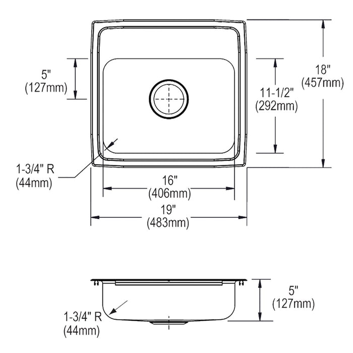 Elkay LRAD1918502 Lustertone Classic Stainless Steel 19" x 18" x 5", 2-Hole Single Bowl Drop-in ADA Sink