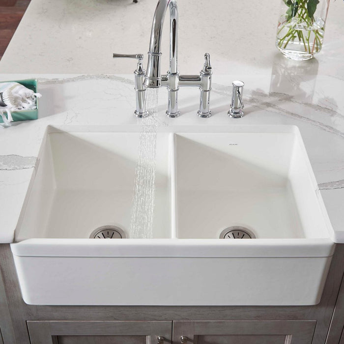 Elkay SWUF32189WH Fireclay 33" x 19-15/16" x 10-1/8", Double Bowl Farmhouse Kitchen Sink, White