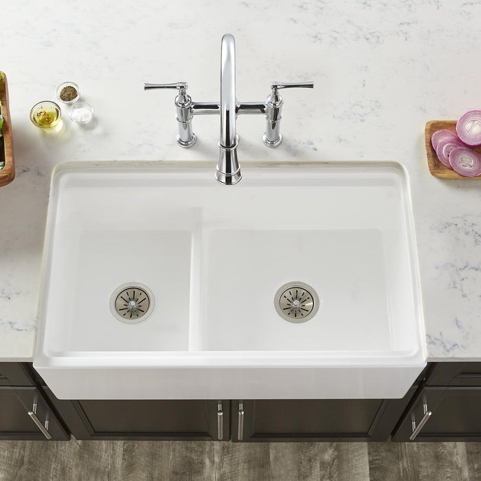 Elkay SWUF3320WH Fireclay 33 x 20 x 10-1/8" 60/40 2-Bowl Farmhouse Kitchen Sink White, Aqua Divide