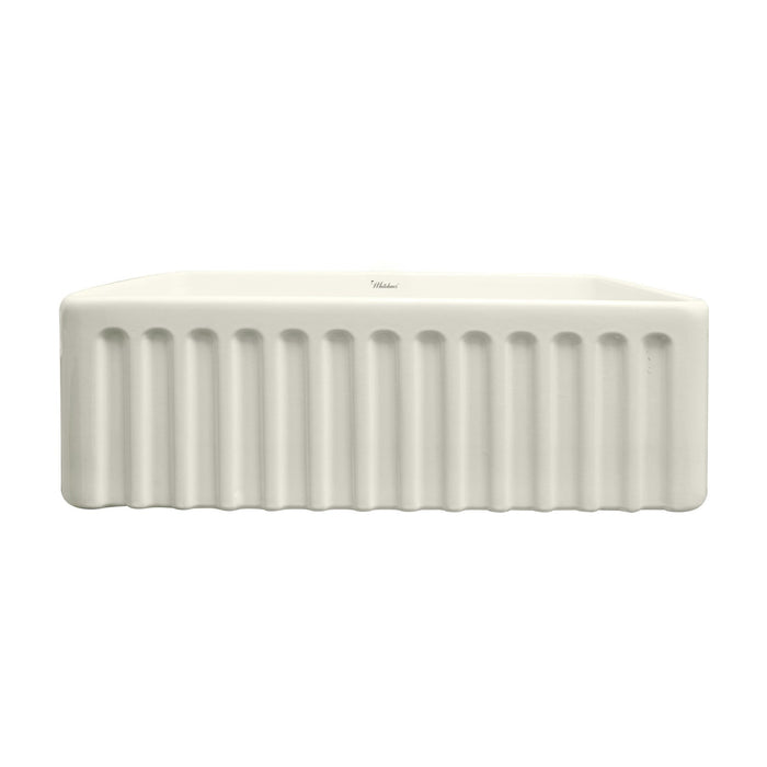Whitehaus WHFLGO3018-BISCUIT Farmhaus Fireclay Reversible Sink with a Swirl Design Front Apron
