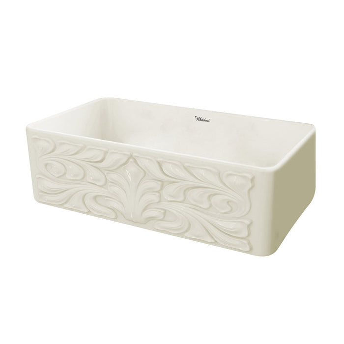 Whitehaus WHFLGO3018-BISCUIT Farmhaus Fireclay Reversible Sink with a Swirl Design Front Apron