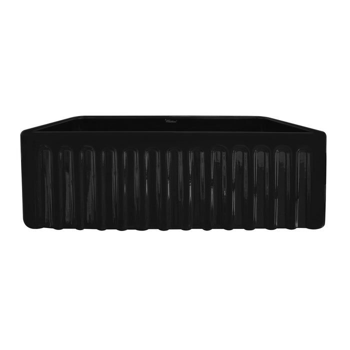 Whitehaus WHFLGO3018-BLACK Farmhaus Fireclay Reversible Sink with a Swirl Design Front Apron
