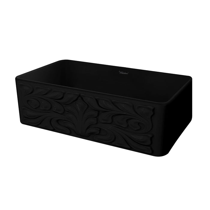 Whitehaus WHFLGO3018-BLACK Farmhaus Fireclay Reversible Sink with a Swirl Design Front Apron