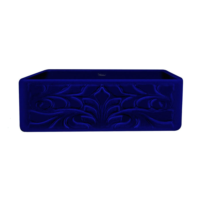 Whitehaus WHFLGO3018-BLUE Farmhaus Fireclay Reversible Sink with a Swirl Design Front Apron