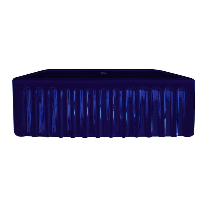 Whitehaus WHFLGO3018-BLUE Farmhaus Fireclay Reversible Sink with a Swirl Design Front Apron
