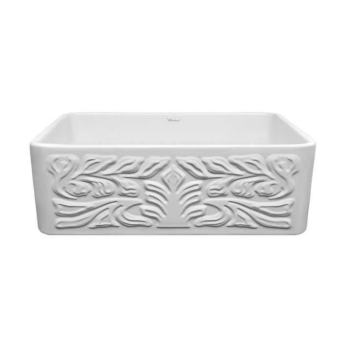 Whitehaus WHFLGO3018-WHITE Farmhaus Fireclay Reversible Sink with a Swirl Design Front Apron