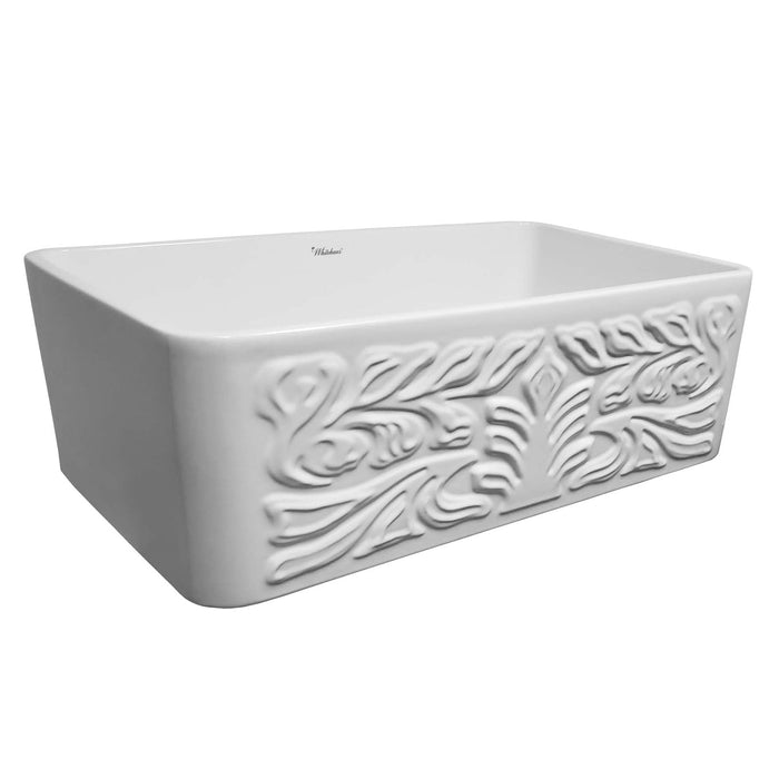 Whitehaus WHFLGO3018-WHITE Farmhaus Fireclay Reversible Sink with a Swirl Design Front Apron