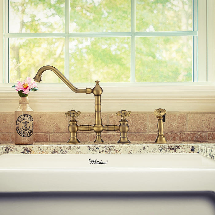Whitehaus WHKBTCR3-9201-NT-AB Vintage III Plus Bridge Faucet with Swivel Spout and Side Spray
