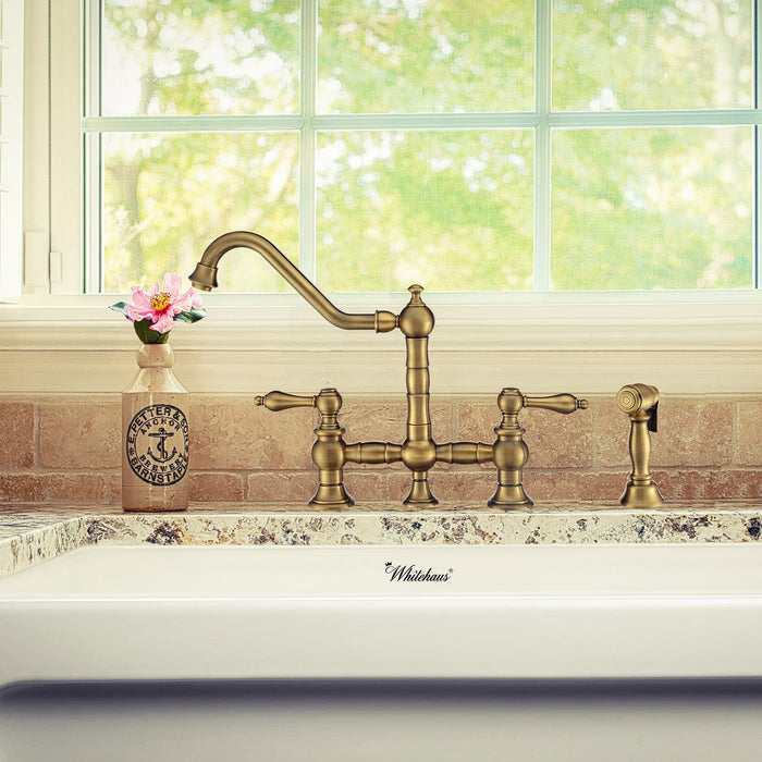 Whitehaus WHKBTLV3-9201-NT-AB Vintage III Plus Bridge Faucet with Lever Handles and Side Spray