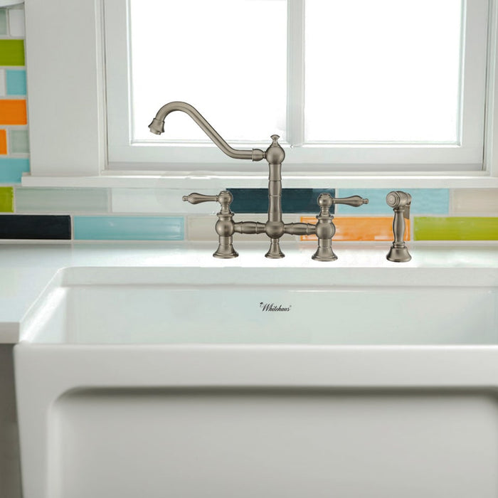 Whitehaus WHKBTLV3-9201-NT-BN Vintage III Plus Bridge Faucet with Lever Handles and Side Spray