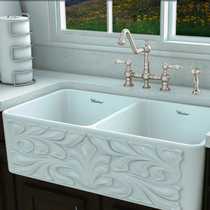 Whitehaus WHKBTLV3-9201-NT-PN Vintage III Plus Bridge Faucet with Lever Handles and Side Spray