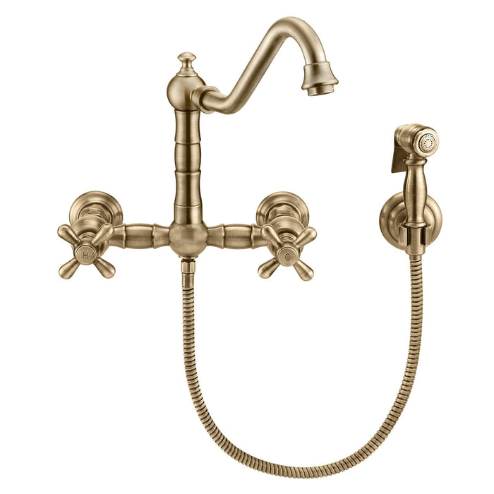 Whitehaus WHKWCR3-9402-NT-AB Vintage III Plus Wall Mount Faucet with a Swivel Spout and Side Spray