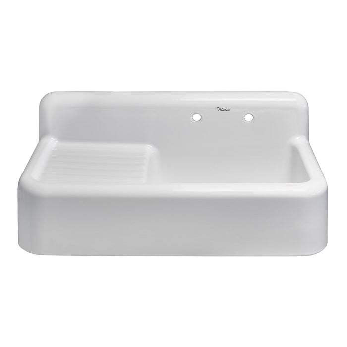 Whitehaus WHQD4220-WHITE Heritage Front Apron Single Bowl Fireclay Sink with Integral Drainboard