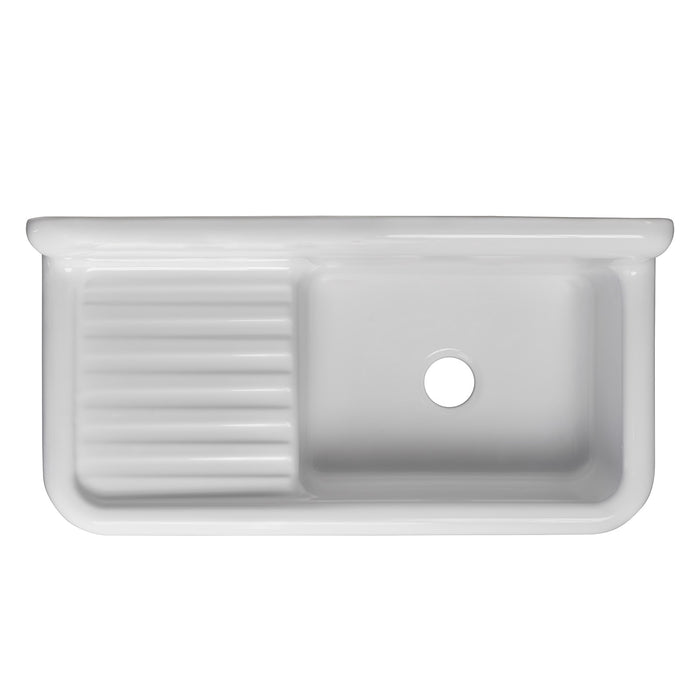 Whitehaus WHQD4220-WHITE Heritage Front Apron Single Bowl Fireclay Sink with Integral Drainboard