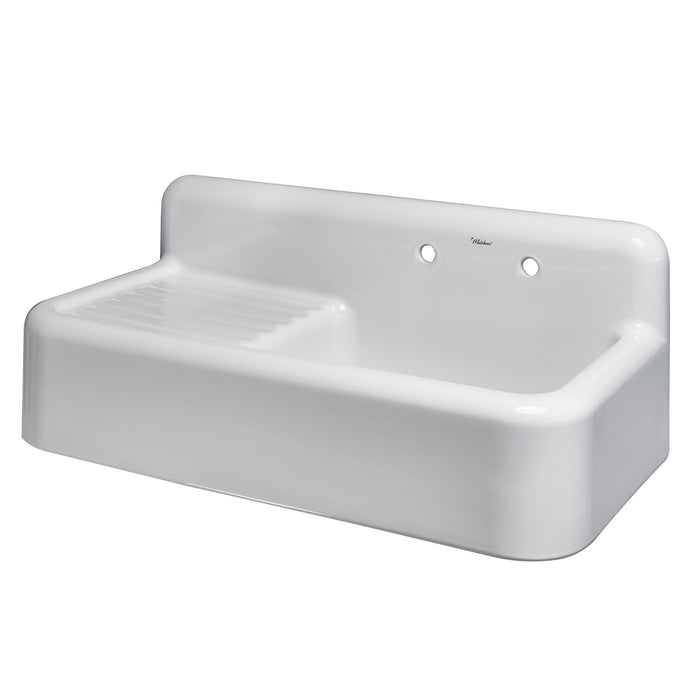 Whitehaus WHQD4220-WHITE Heritage Front Apron Single Bowl Fireclay Sink with Integral Drainboard