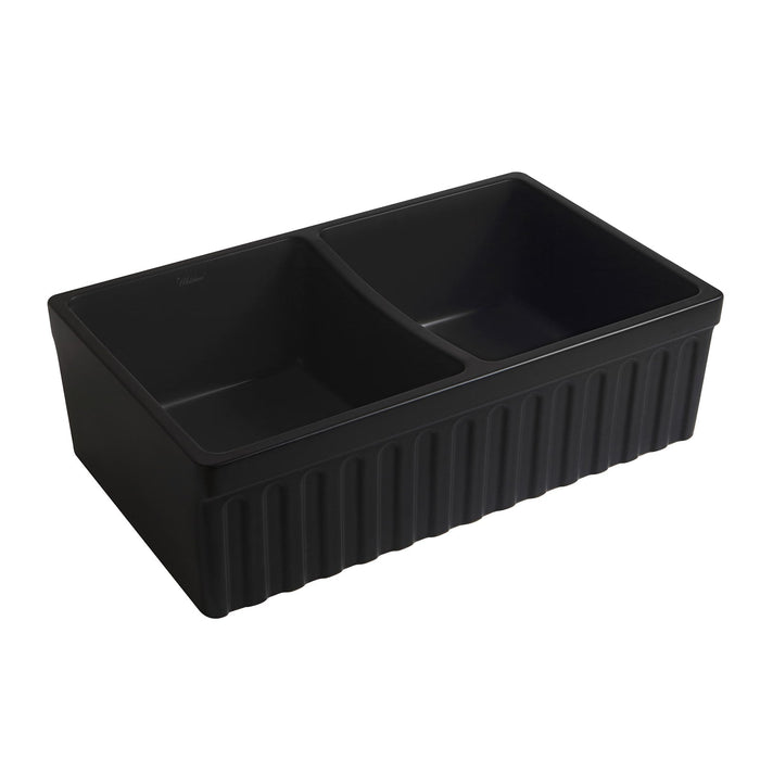 Whitehaus WHQDB332-M-BLACK Farmhaus Quatro Alcove Reversible Matte Double Bowl Fireclay Kitchen Sink